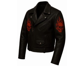Embroidered Skull Flame Leather Biker Jacket: Rebel Heart Punk