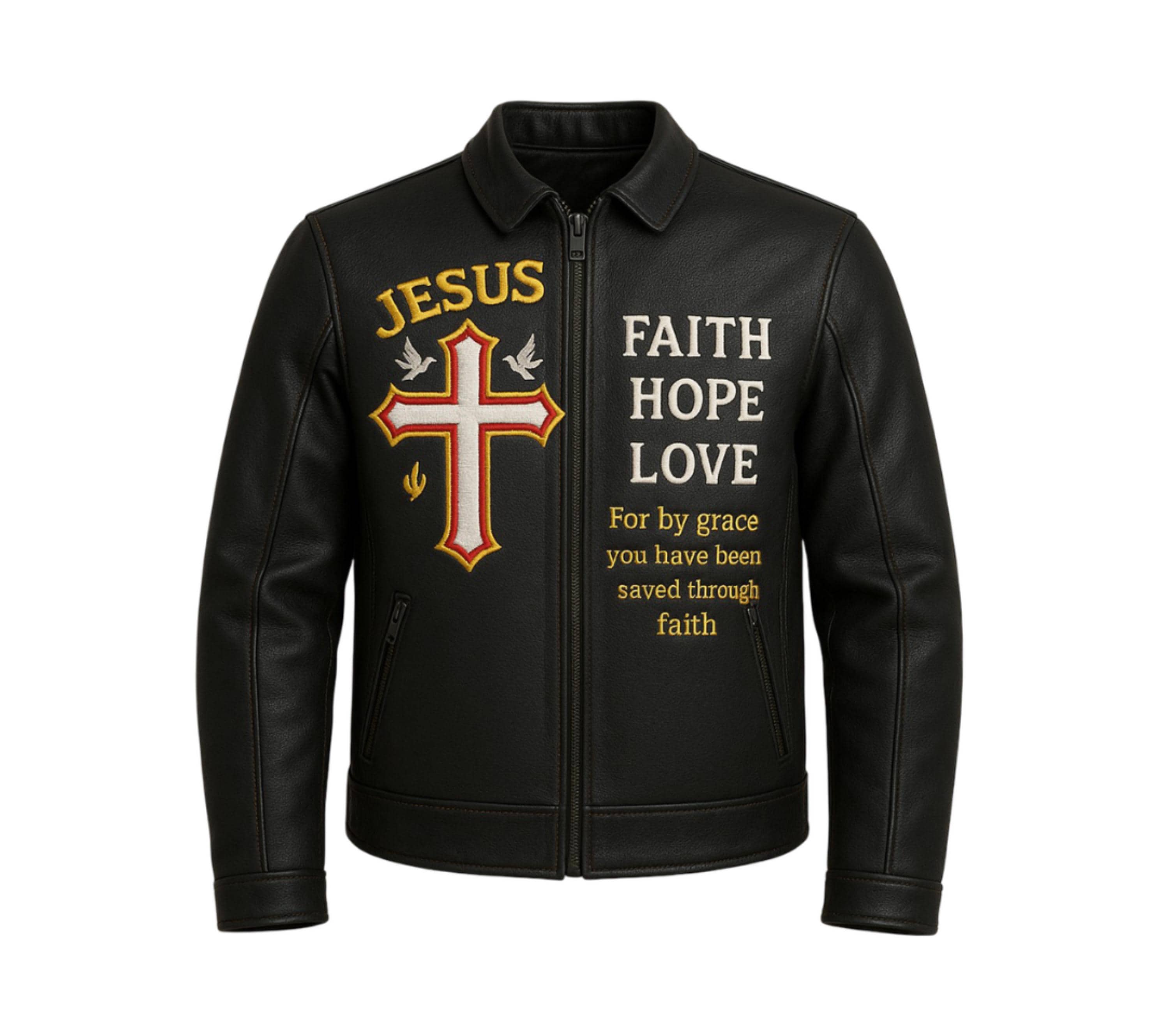 Handmade Leather Christian Biker Jacket: Jesus Cross, Faith Hope