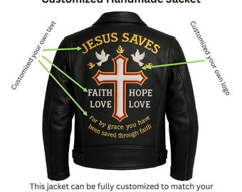 Handmade Leather Christian Biker Jacket: Jesus Cross, Faith Hope