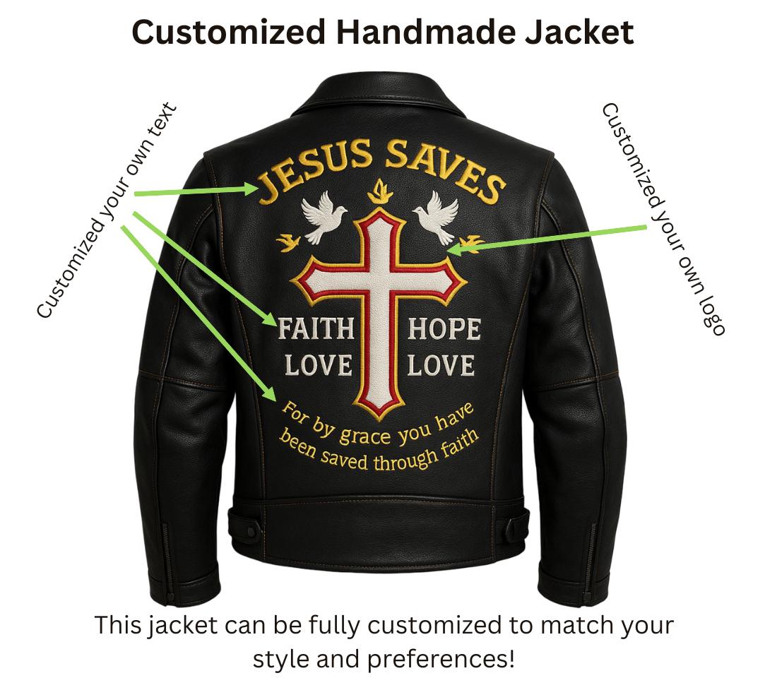 Handmade Leather Christian Biker Jacket: Jesus Cross, Faith Hope