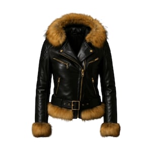 Schwarze Kunstlederjacke mit Pelzbesatz | Damen Winter Bikermantel mit Gürtel | Kunstpelz Jacke Damen | Angepasste handgemachte Jacke