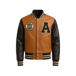 May include: A brown leather varsity jacket with black leather sleeves. The jacket has a white and black striped collar and cuffs. The front of the jacket features a large "A" and a patch that says "World Champs" with a globe graphic.
