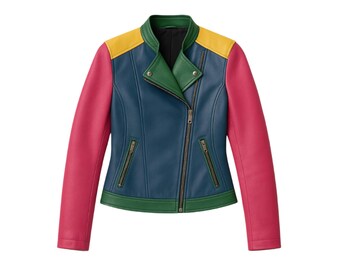 Rainbow Leather Biker Jacket: Handmade Multicolor Colorblock Design