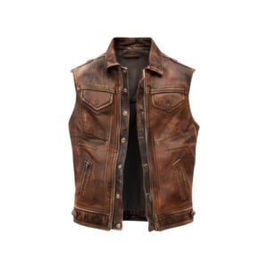 Men&#39;s Brown Leather Biker Vest | Distressed Sleeveless Moto Jacket | Western Vintage Waistcoat | Custom Handmade Vest