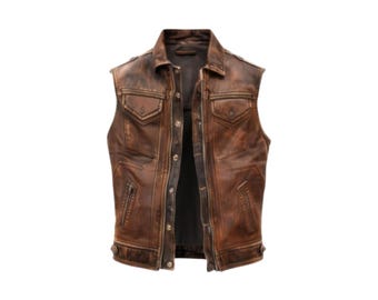 Men's Distressed Brown Leather Biker Vest: Handmade Moto Waistcoat