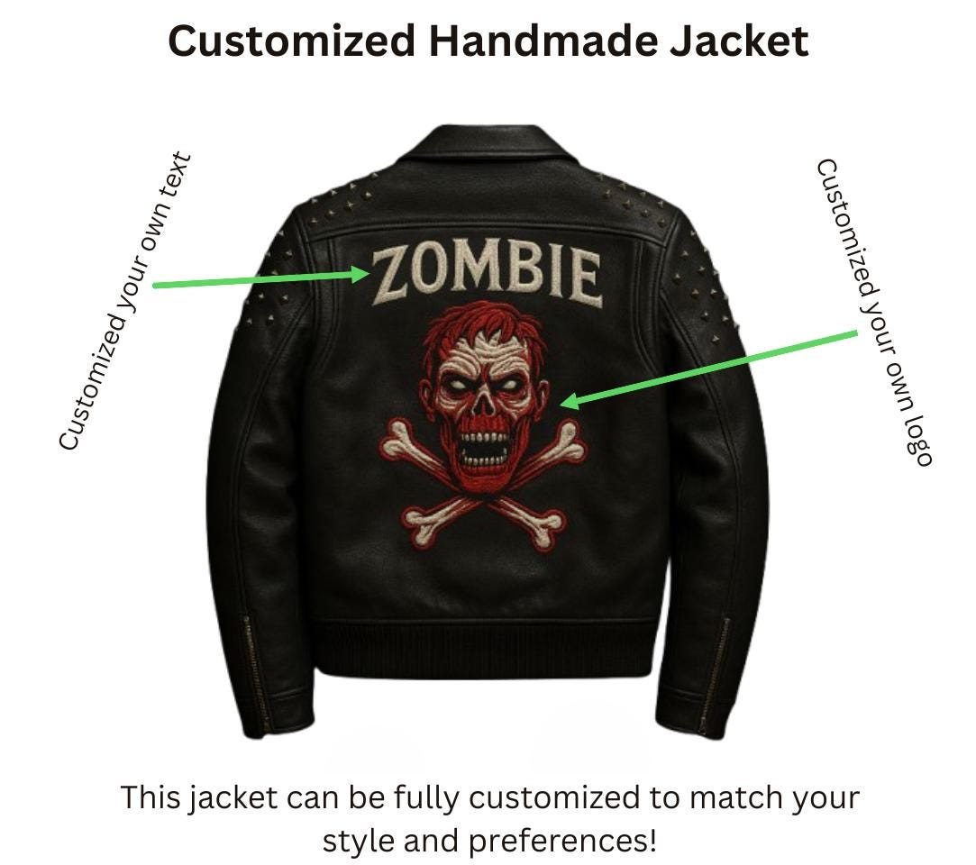 Studded Leather Biker Jacket: Undead Rebel Punk Skull Embroidery