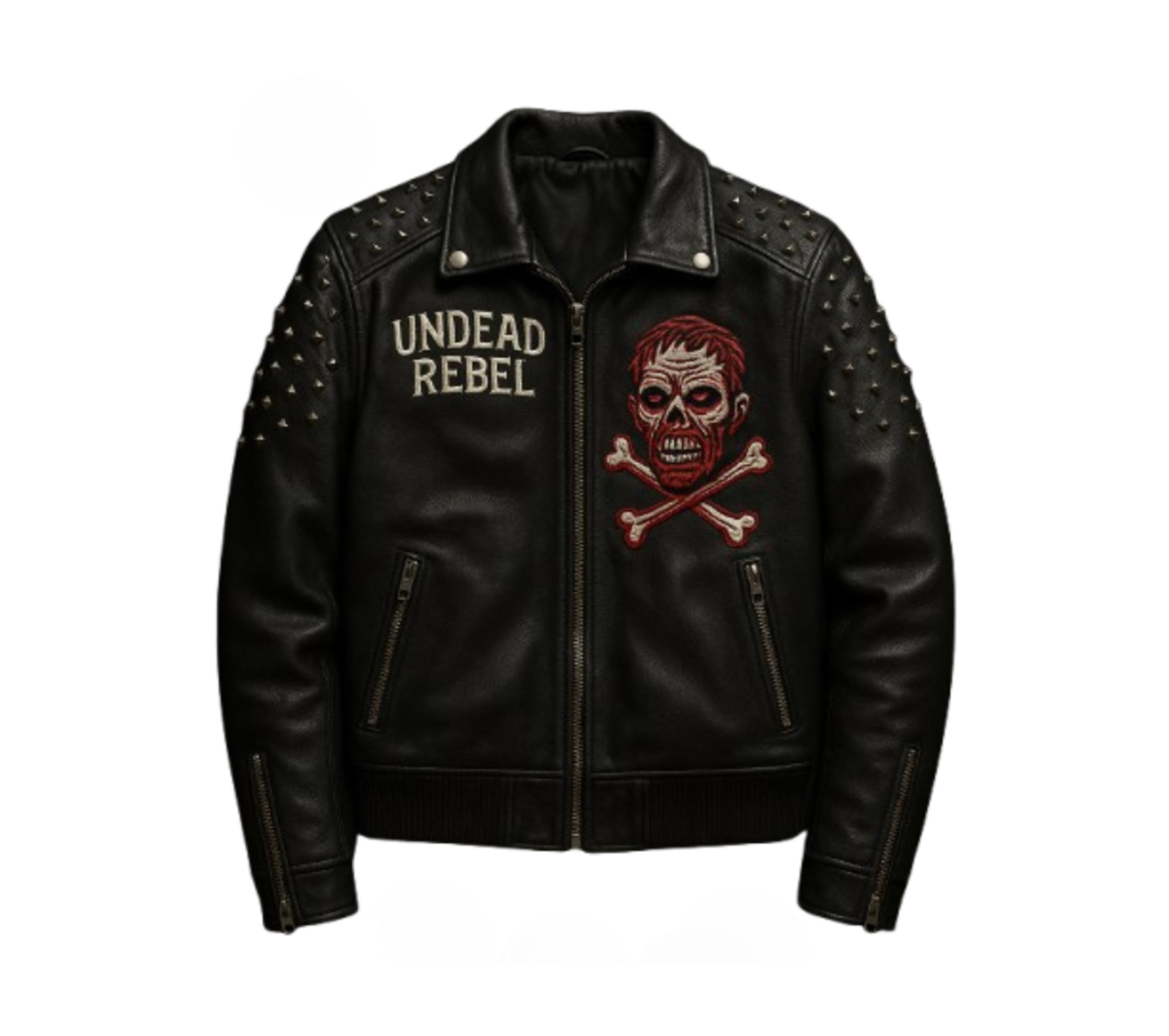 Studded Leather Biker Jacket: Undead Rebel Punk Skull Embroidery