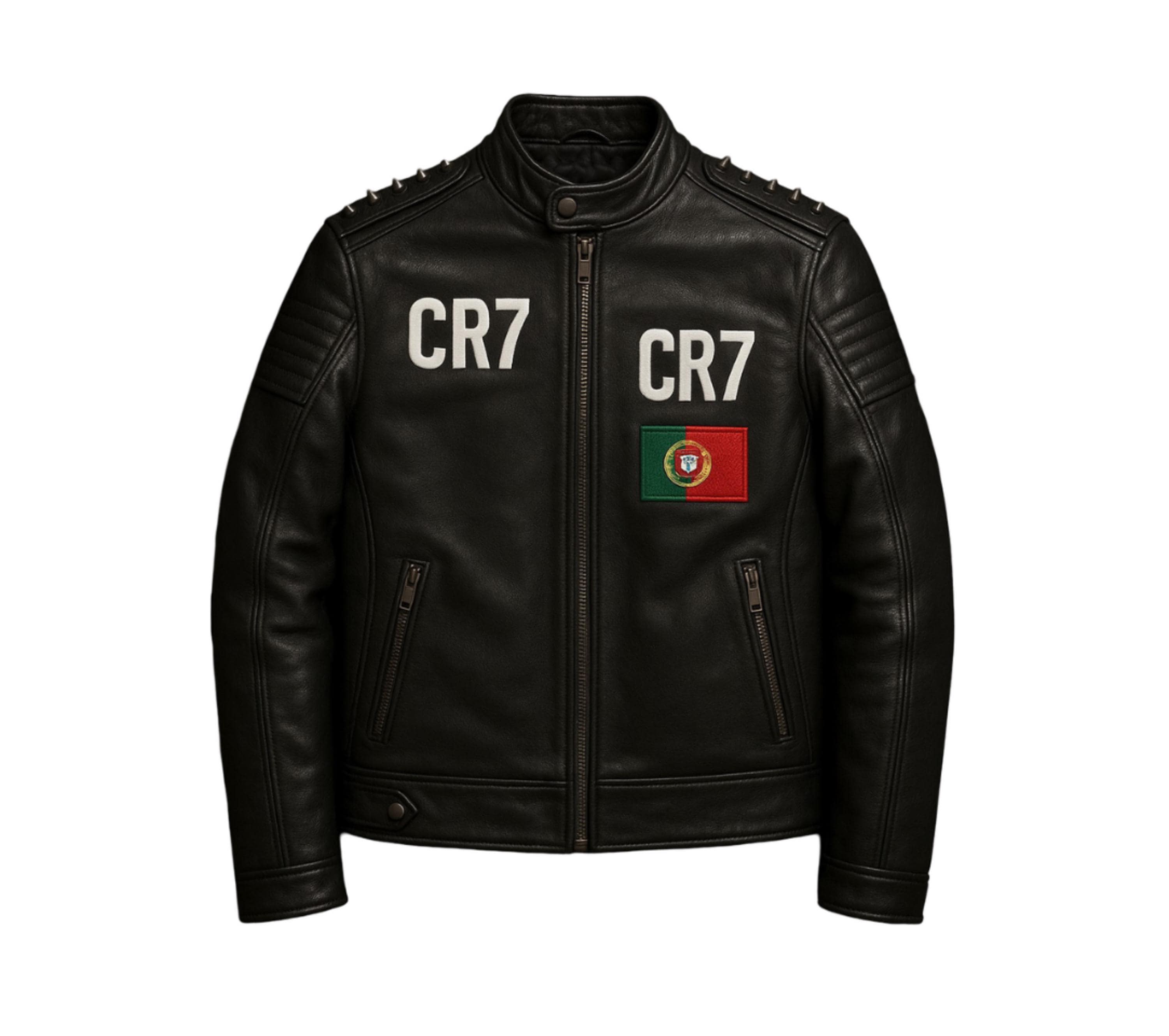 CR7 Leather Biker Jacket: Cristiano Ronaldo Embroidery, Custom