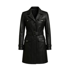 Women&#39;s Black Leather Trench Coat with Belted Waist | Long Military Style Jacket | Fall Winter Outerwear | Customized Handmade Coat