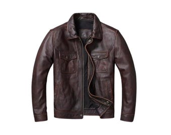 Vintage Braune Leder Bikerjacke: Handgemachter abgenutzter Motorrad-Mantel