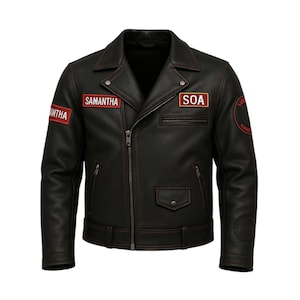 May include: Black leather jacket with red stitching and patches. The jacket features a classic biker style with a notched collar, asymmetrical zipper, and multiple pockets. Patches include the name "SAMANTHA" and the letters "SOA".