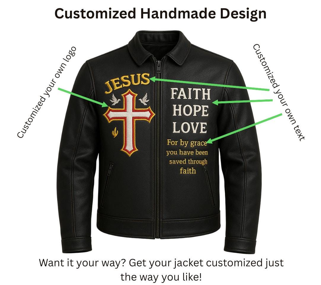Handmade Leather Christian Biker Jacket: Jesus Cross, Faith Hope