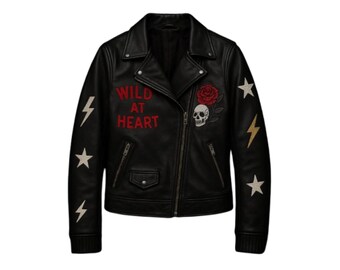 Men's Skull Rose Embroidered Leather Jacket: Gothic Biker Moto