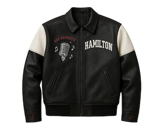 Custom Black Leather Bomber Jacket: Retro Music Varsity Jacket