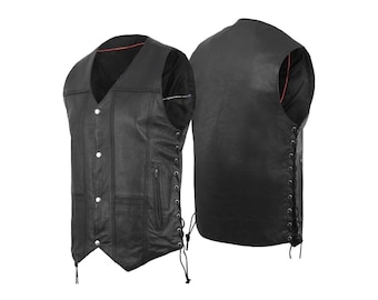 Men's Black Leather Biker Vest: Handmade Motorcycle Club Vest