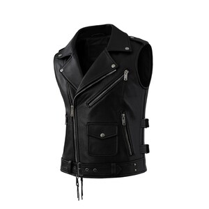 Men&#39;s Black Leather Biker Vest | Sleeveless Punk Rock Moto Jacket for Men | Motorcycle Vest | Customized Handmade Vest