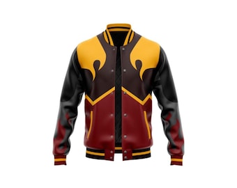 May include: A varsity jacket with a flame design. The jacket features a color scheme of black, maroon, and yellow. The sleeves are black, and the body is maroon with yellow flame accents. The collar and cuffs have yellow and black stripes.