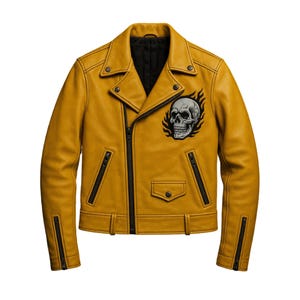 Mustard Skull Biker Jacket | Handmade Rebel Moto Leather Jacket for Men | Born to Ride Snake Patch Coat | Punk Rock Flame Skull Jacket