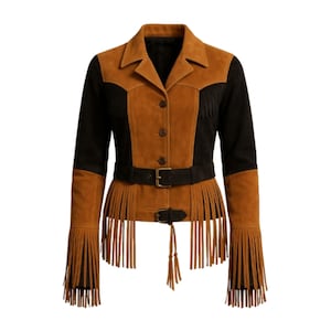 Damen Fransen Wildlederjacke | Braun & Schwarzer Cowgirl-Mantel | Boho Wildleder Fransenjacke mit Gürtel für Frauen | Kundenspezifische handgemachte Jacke
