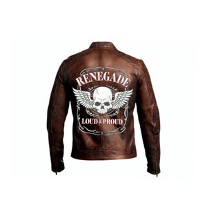 Men's Biker Leather Jacket | Distressed Brown Skull Patch | Cafe Racer Jacket | Vintage Style Jacket | Customized Handmade Jacket