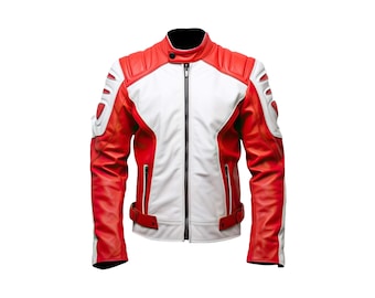 Red and White Leather Motorcycle Jacket - Handmade Racing Biker Jacket