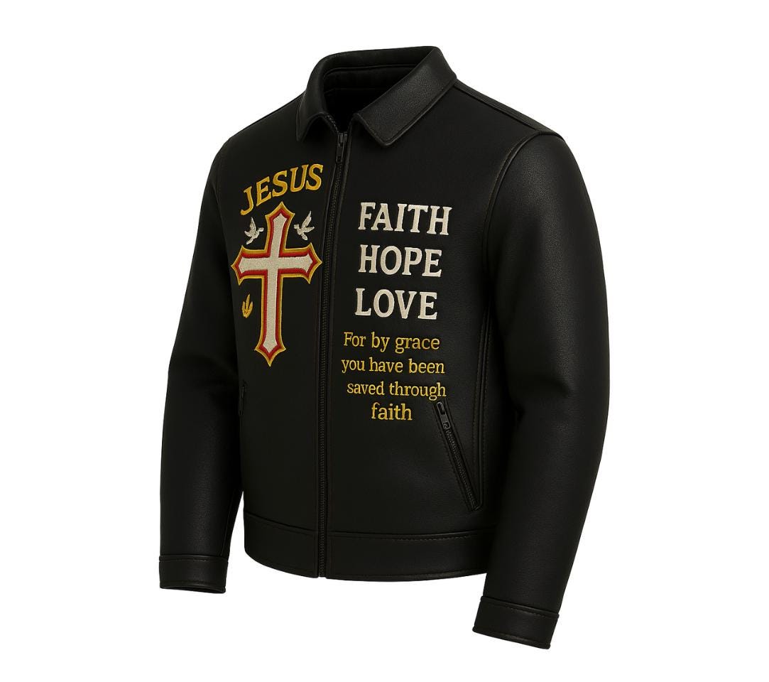 Handmade Leather Christian Biker Jacket: Jesus Cross, Faith Hope