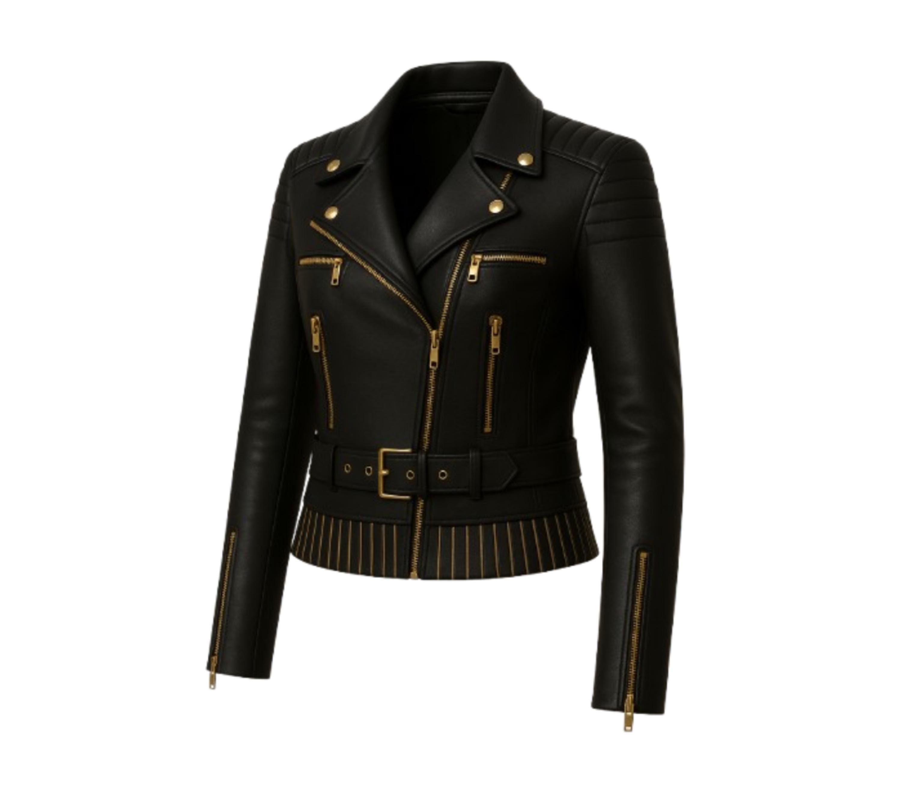 Damen Schwarze Leder Bikerjacke Gold Reißverschluss Moto Jacke