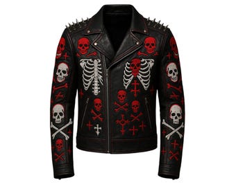 May include: Black leather jacket with red and white skull and crossbones embroidery. The jacket features a classic biker style with a notched collar, asymmetrical zipper, and silver-toned spiked studs on the shoulders.