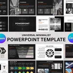 May include: A black and white PowerPoint template with a minimalist design. The template features a variety of slides with different layouts and graphics, including a market funnel, SWOT analysis, project timeline, and goal setting. The template is perfect for businesses and individuals who want to create professional and visually appealing presentations.