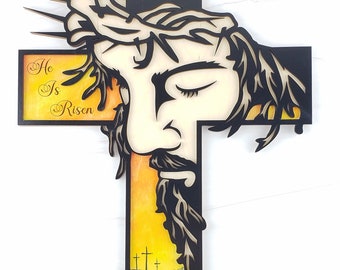 Jesus Christ Easter Cross Modern Artwork Decoration - He Is Risen - Religious Christian Watercolor Wall Art - LDS art - Bible Verse Quote