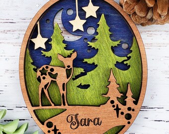 Personalized Wood Forest Christmas Ornament: 3D Layered Keepsake