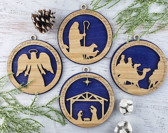 Nativity Scene Wood Ornament Set: Angel, Shepherds, Wise Men