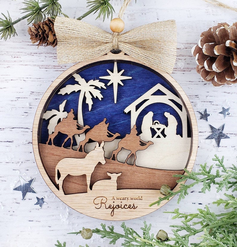 Nativity Wood 3D Layered Christmas Ornament Jesus' Birth Christmas Home Decor Manger Scene Christmas Star Family Gift Mom Gift 5" 4 Layer Wood