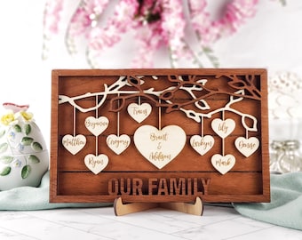 Personalized Family Tree Name Sign – Engraved Heart Frame, Grandma Gift