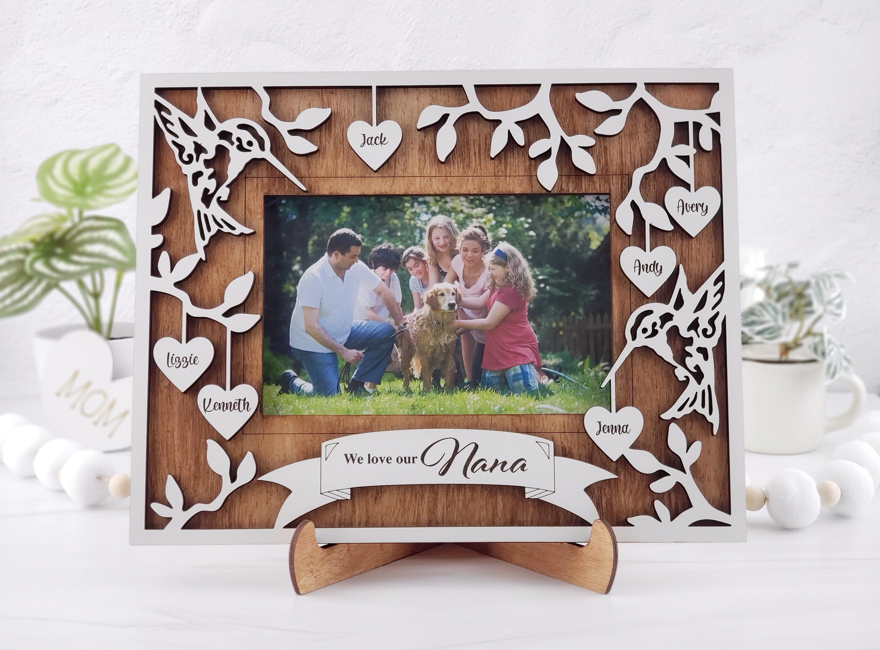 Engraved Wood Picture Frame: Mother's Day Hummingbird Floral Gift
