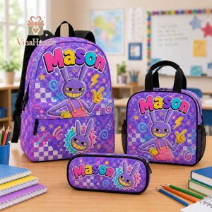 Personalized Cartoon Backpack Bundle, Digital Circus School Bag Set with Matching Lunch Tote and Pencil Case, Pomni School Gift
