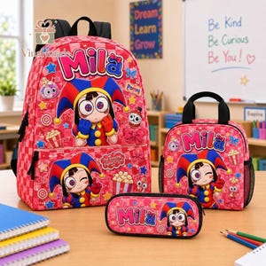 Personalized Pomni Backpack Bundle, The Amazing Digital Circus School Bag Set, Custom Backpack with Lunch Tote and Pencil Case