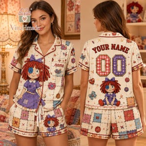 Personalized Raggedy Ann Pajama Set, Custom Doll Sleepwear, Name and Number Pjs, Vintage Patchwork Loungewear, Gift for Doll Lovers