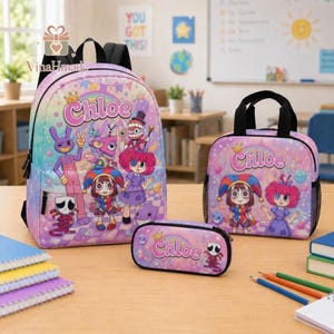 Custom Name Digital Circus Backpack Bundle, Personalized Kids School Bag Set, Pomni Backpack with Lunch Tote and Pencil Case