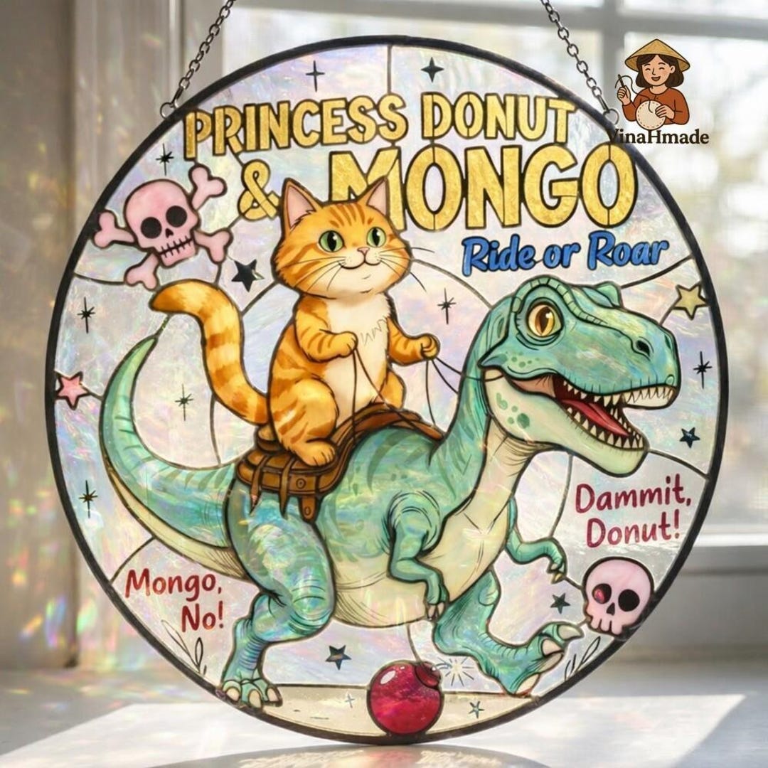 Giant Princess Riding Mongo Princess Donut and Mongo Stained Glass Suncatcher, Dungeon Crawler Carl ...