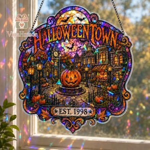 Personalized Halloweentown Acrylic Hologram Suncatcher, Custom Halloween Window Hanging, Gothic Acrylic Hanging Decor Gift