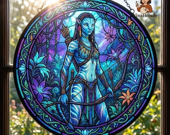 Blue Alien Glass Art Suncatcher, Neytiri Avatar Stained Glass Suncatcher, Fantasy Na’vi Window Hanging Decor, Unique Sci-Fi Gift for Fans