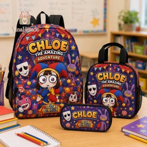 Personalized The Amazing Digital Circus Backpack Bundle, Kids School Bag Set with Matching Lunch Bag and Pencil Case, Pomni Back To School