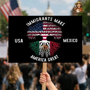 May include: A black sign held by a person with the text "IMMIGRANTS MAKE AMERICA GREAT". The sign features a graphic of a tree with the American and Mexican flags. The words "USA" and "MEXICO" are also on the sign.