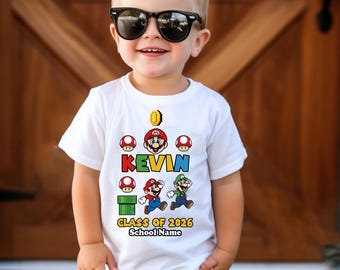 Custom Name Mario Kids Graduation Shirt, Grad Gift for Kids, Class of 2026 Kindergarten Sash, Graduation Shirt Gift for Daughter Son