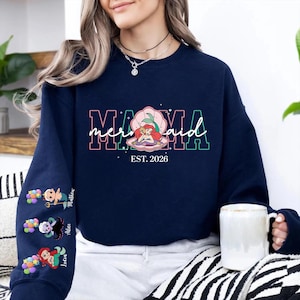 Personalized Mama Mermaid Sweatshirt | Little Mermaid Sweater | Princess Ariel Jumper | Mama with Kid Name on Sleeve Sweater | Mermaid Tee image 5