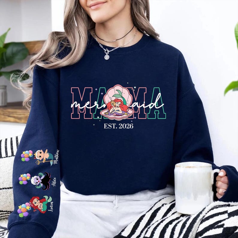 Personalized Mama Mermaid Sweatshirt | Little Mermaid Sweater | Princess Ariel Jumper | Mama with Kid Name on Sleeve Sweater | Mermaid Tee image 5