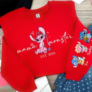 Personalised Mama Monster Sweatshirt with names 2026 | Stitch Mothers Day Gift| Mama Stitch top | Mama Est with Name On The sleeve Shirt image 9