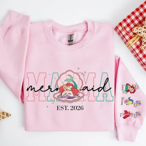 Personalized Mama Mermaid Sweatshirt | Little Mermaid Sweater | Princess Ariel Jumper | Mama with Kid Name on Sleeve Sweater | Mermaid Tee image 2