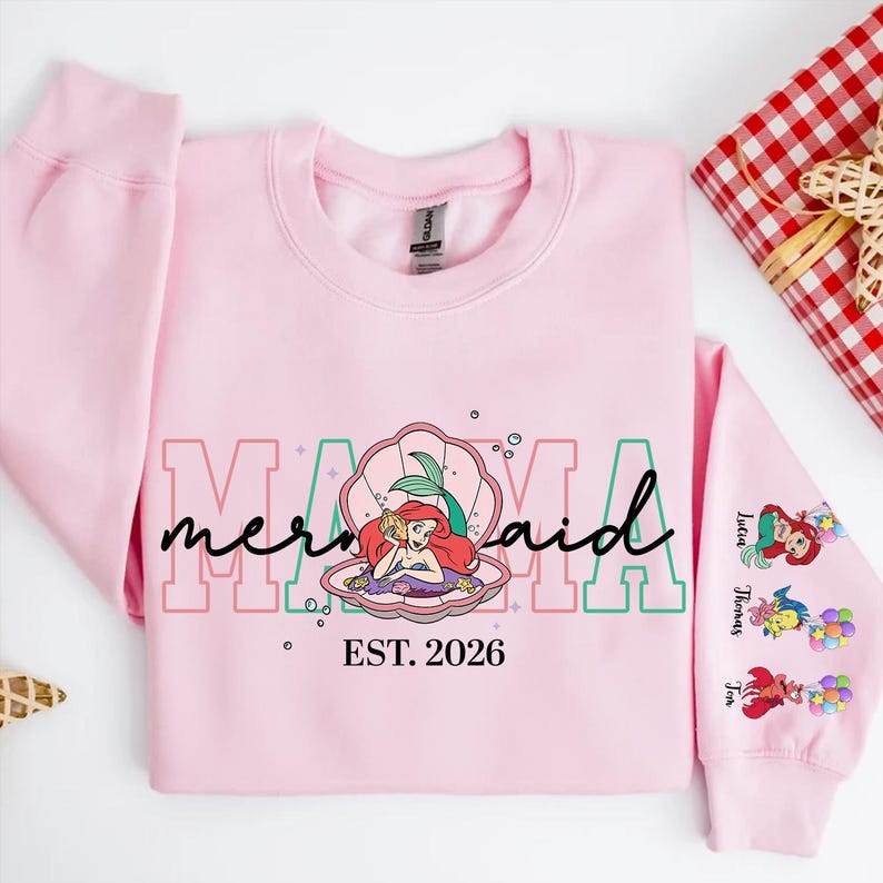 Personalized Mama Mermaid Sweatshirt | Little Mermaid Sweater | Princess Ariel Jumper | Mama with Kid Name on Sleeve Sweater | Mermaid Tee image 2